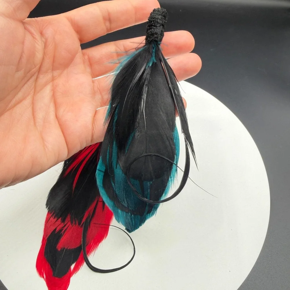 Red Teal Black Feather Brooch Pins Pair Boho Statement Costume Jewelry Set Lot